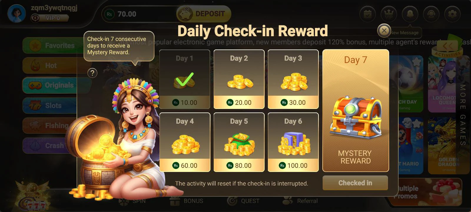 Daily check in reward screenshot after Gold08 game download